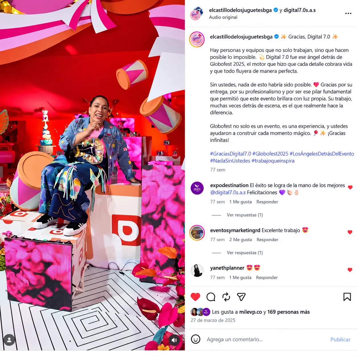 Complete Instagram post from El Castillo de los Juguetes thanking Digital 7.0 for its work at Globofest 2025