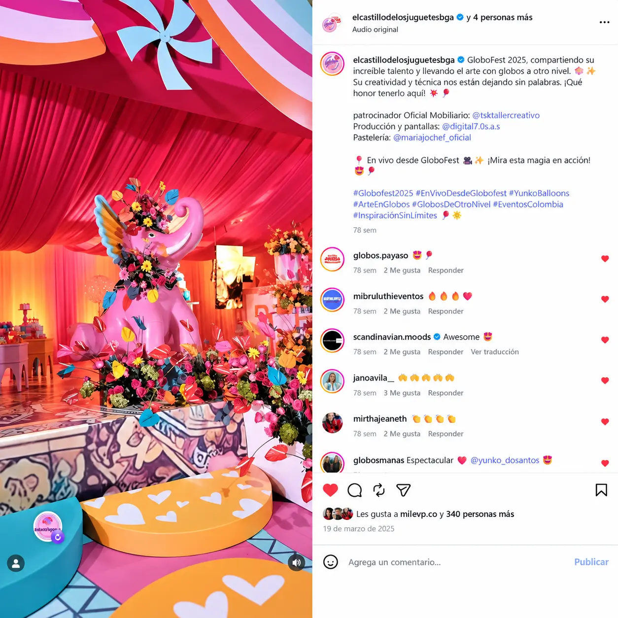 Instagram post and comments about Globofest 2025 recognizing Digital 7.0 for production and screens